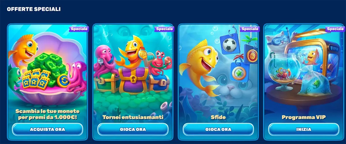 Special promotions section (Italian localisation) with underwater-themed cards featuring a cartoon fish mascot, highlighting offers like exchanging coins for rewards, tornei entusiasmanti (tournaments), sfide (challenges), and a programma VIP, each with CTA buttons such as “Acquista ora,” “Gioca ora,” and “Inizia”