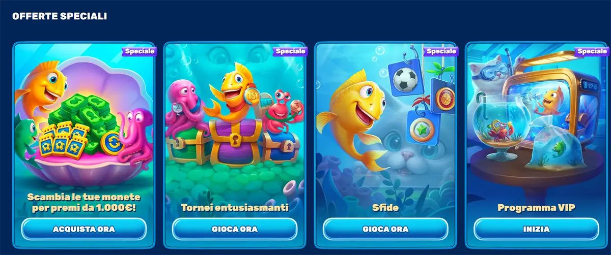 Special promotions section (Italian localisation) with underwater-themed cards featuring a cartoon fish mascot, highlighting offers like exchanging coins for rewards, tornei entusiasmanti (tournaments), sfide (challenges), and a programma VIP, each with CTA buttons such as “Acquista ora,” “Gioca ora,” and “Inizia”