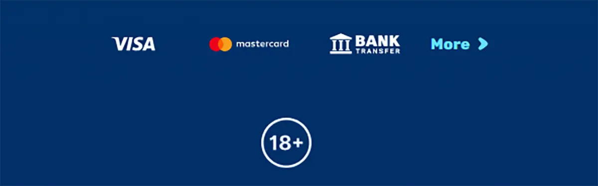 Footer payment section with Visa, Mastercard, and bank transfer icons, plus a “More” option for additional methods, and a centered 18+ age restriction badge on a blue background