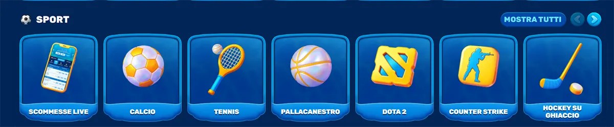 Sports section (Italian localisation) showing category tiles for Scommesse Live (live betting), Calcio, Tennis, Pallacanestro, Dota 2, Counter-Strike, and Hockey su ghiaccio, each represented by a simple icon, with a “Mostra tutti” (Show All) option for more categories