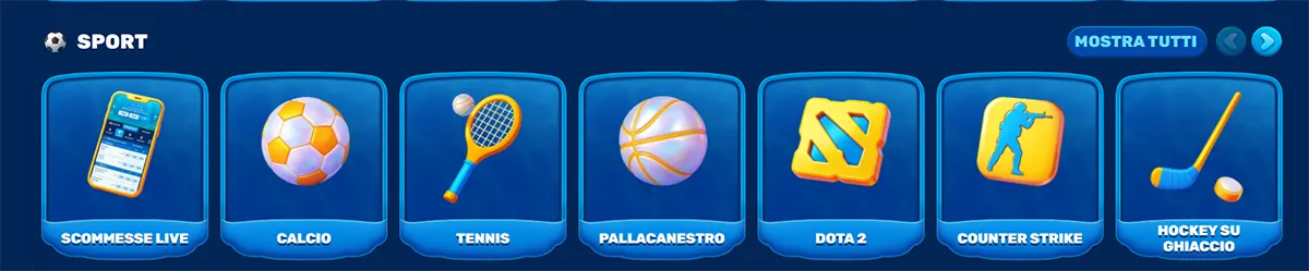 Sports section (Italian localisation) showing category tiles for Scommesse Live (live betting), Calcio, Tennis, Pallacanestro, Dota 2, Counter-Strike, and Hockey su ghiaccio, each represented by a simple icon, with a “Mostra tutti” (Show All) option for more categories